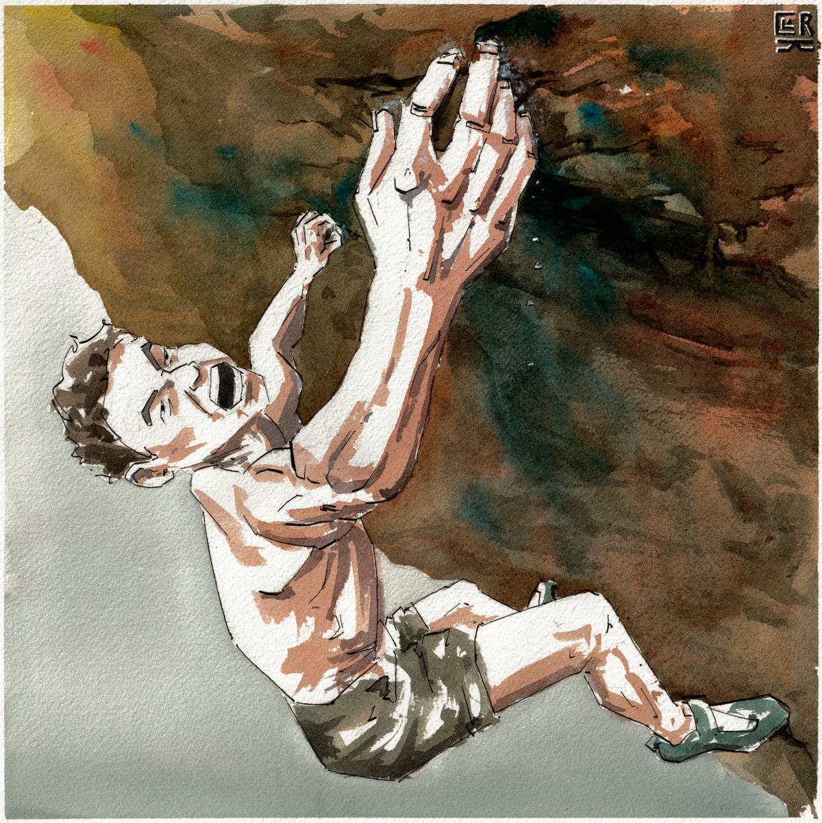 Climber, original watercolour and ink painting