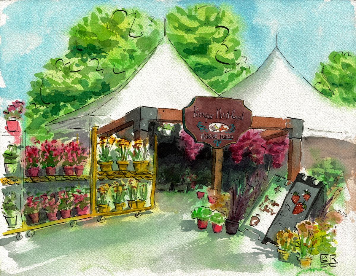 Mont-Royal Flower Market, original watercolour and ink painting