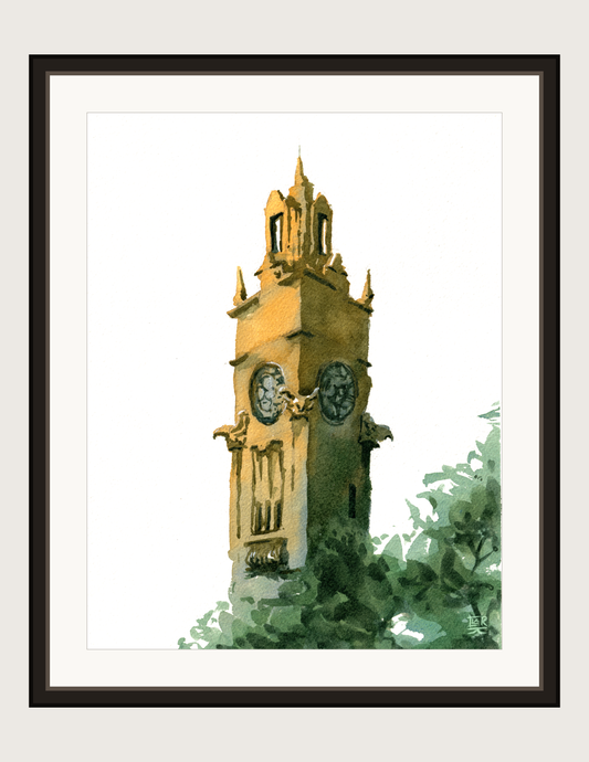 Old Port Clock Tower watercolour, print shown framed