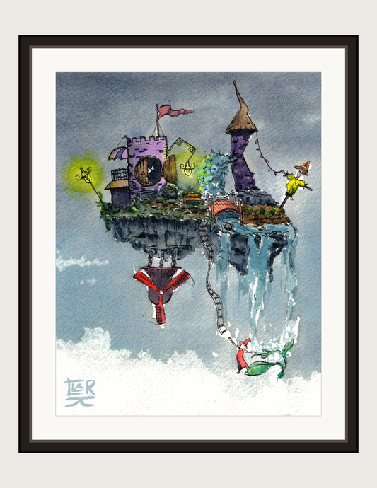 Sky Wizards watercolour and ink, print shown framed