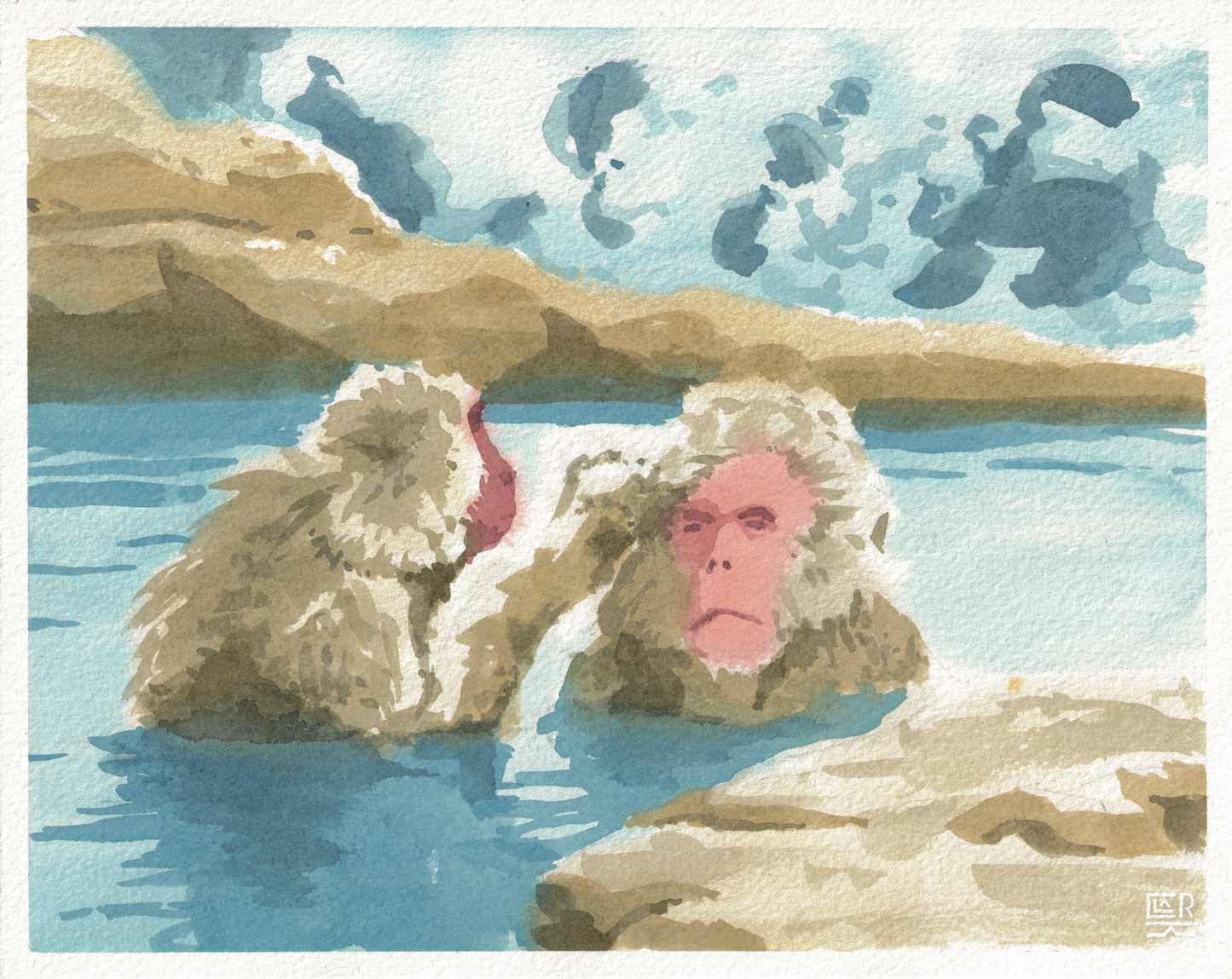 Snow Monkeys— Watercolor, 8x10 in