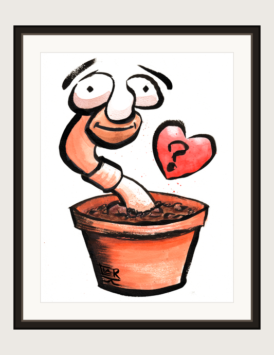 Would You Still Love Me If I Was a Worm watercolour and ink, print shown framed