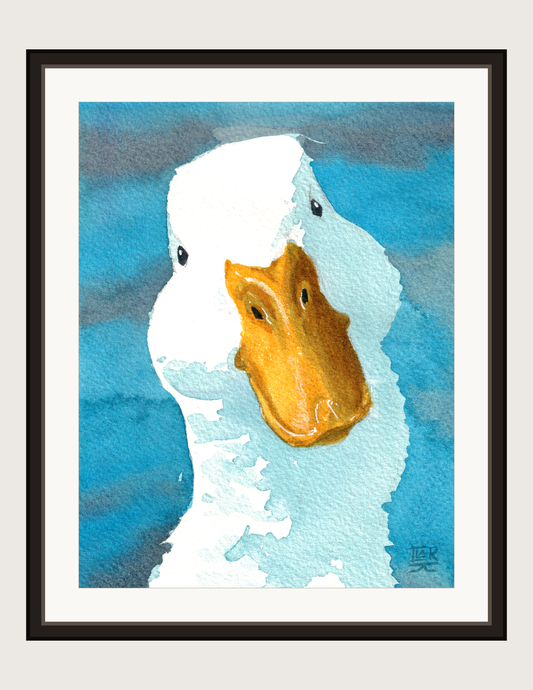 Goose watercolour print, shown framed
