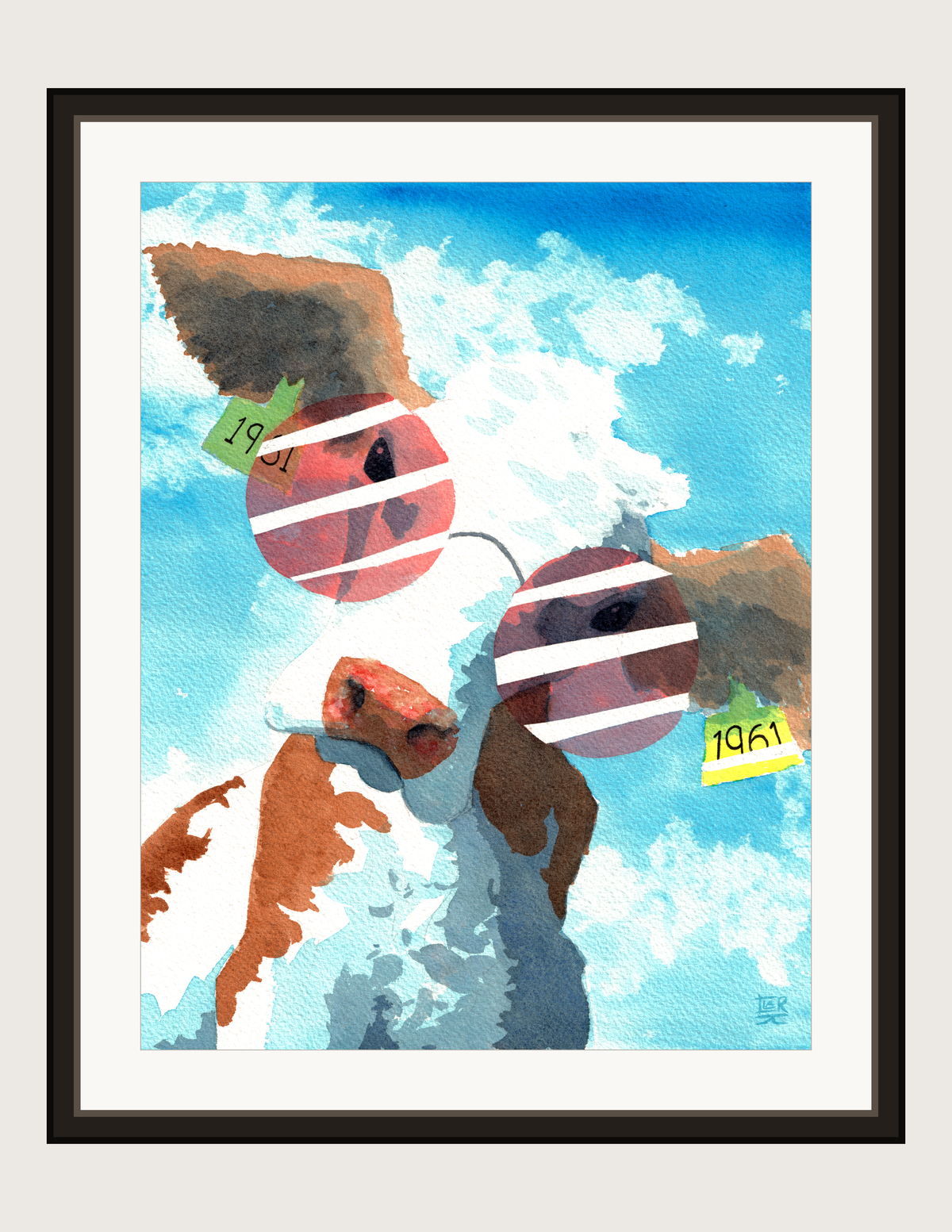 Cow in Sunglasses, print shown framed