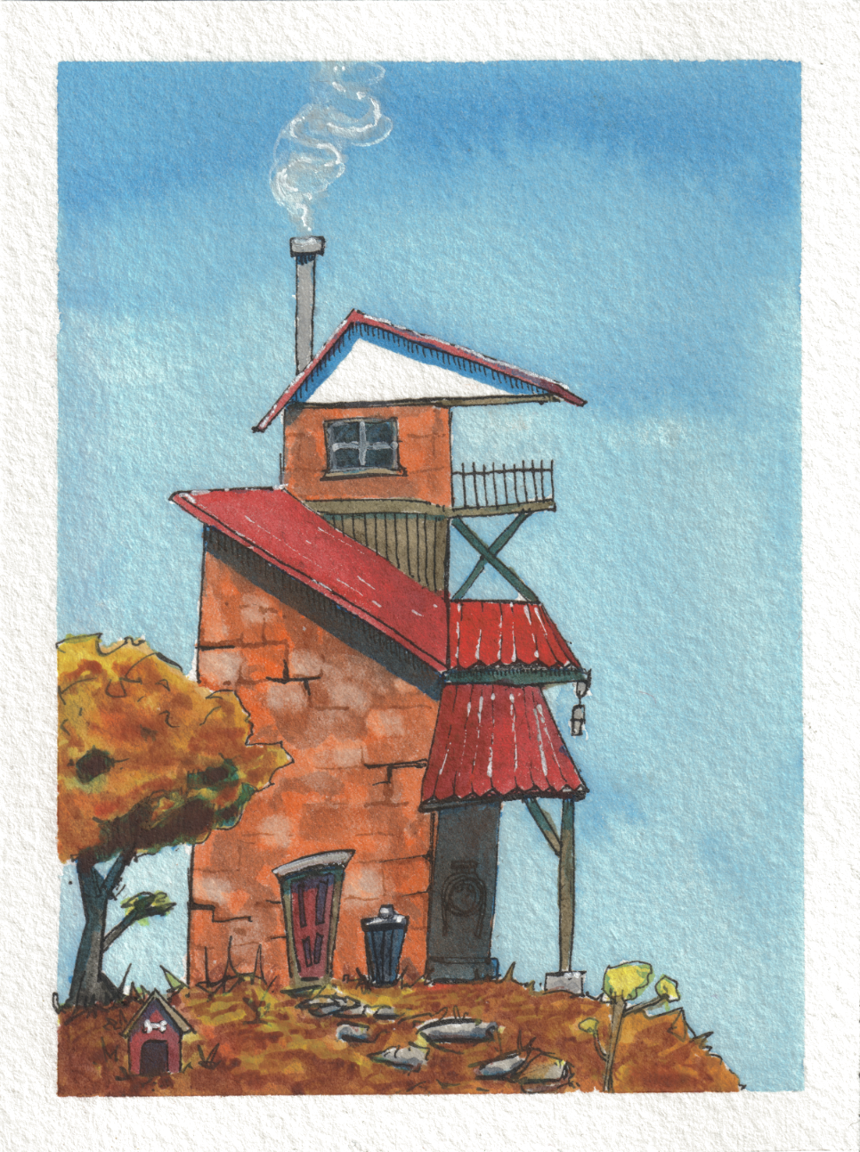 Hill House — Watercolor & Ink, 4x5.25 in