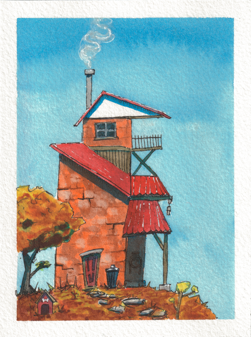 Hill House — Watercolor & Ink, 4x5.25 in