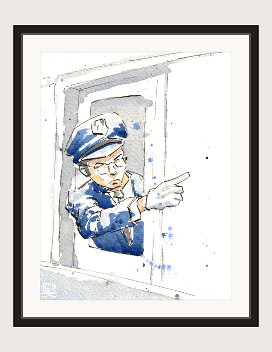 Train Conductor watercolour and ink, print shown framed