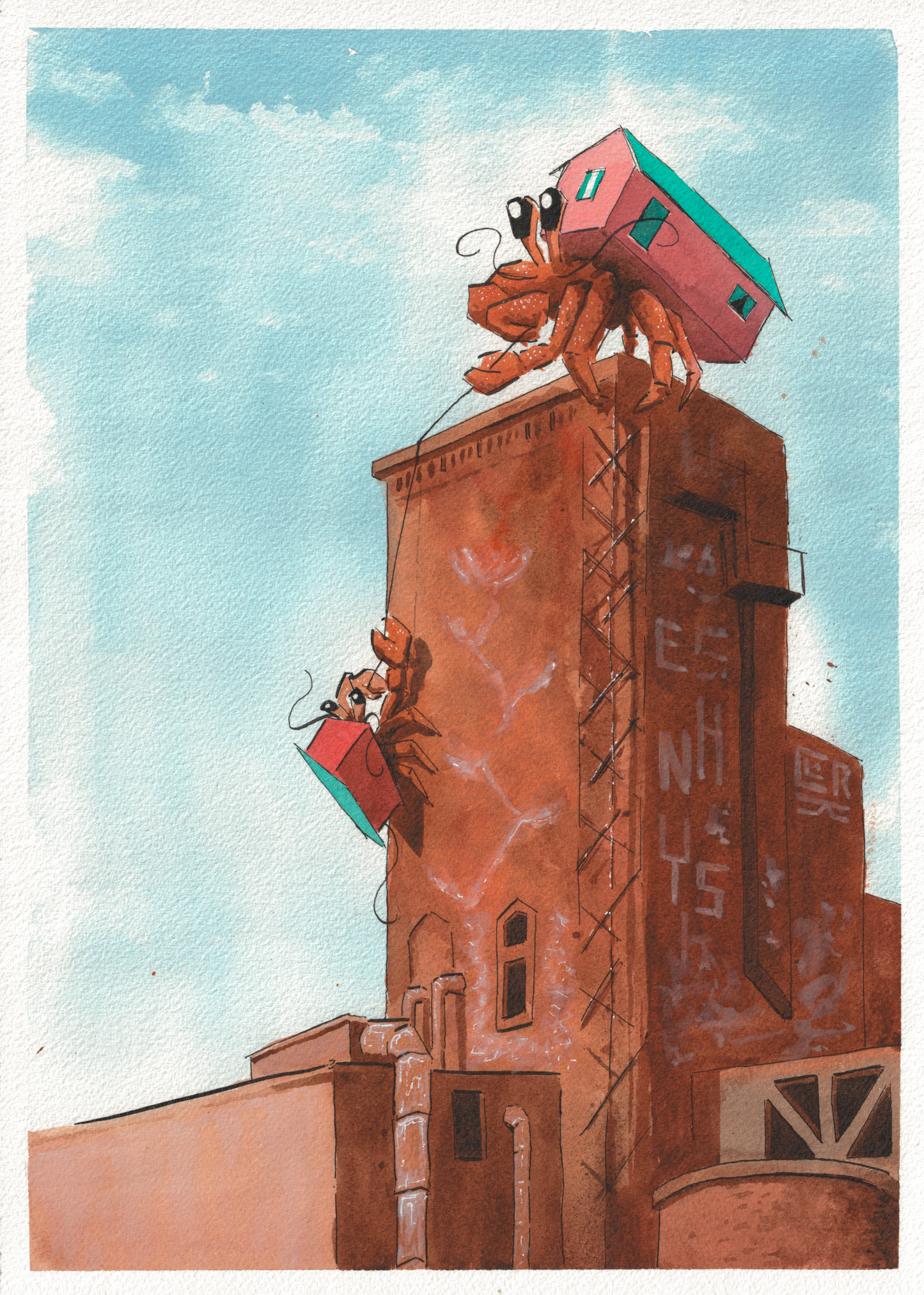 The Pink Hermit — Watercolor & Ink, 10x14 in