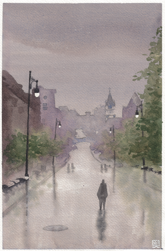 Mcguill Pedestrian Street Rainy Day — Watercolor, 8x12 in