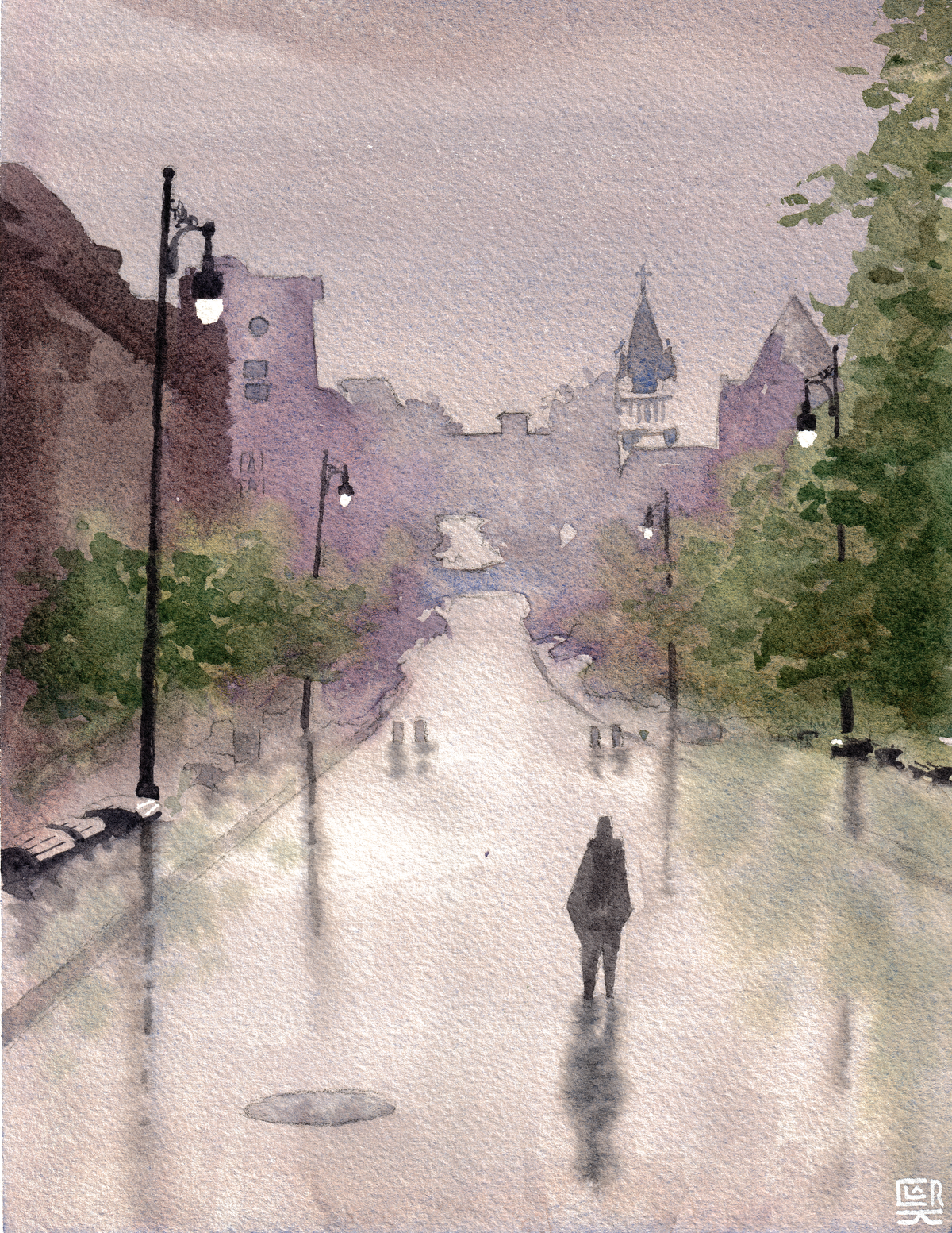 McGill Pedestrian Street, Rainy Day watercolour, print edition