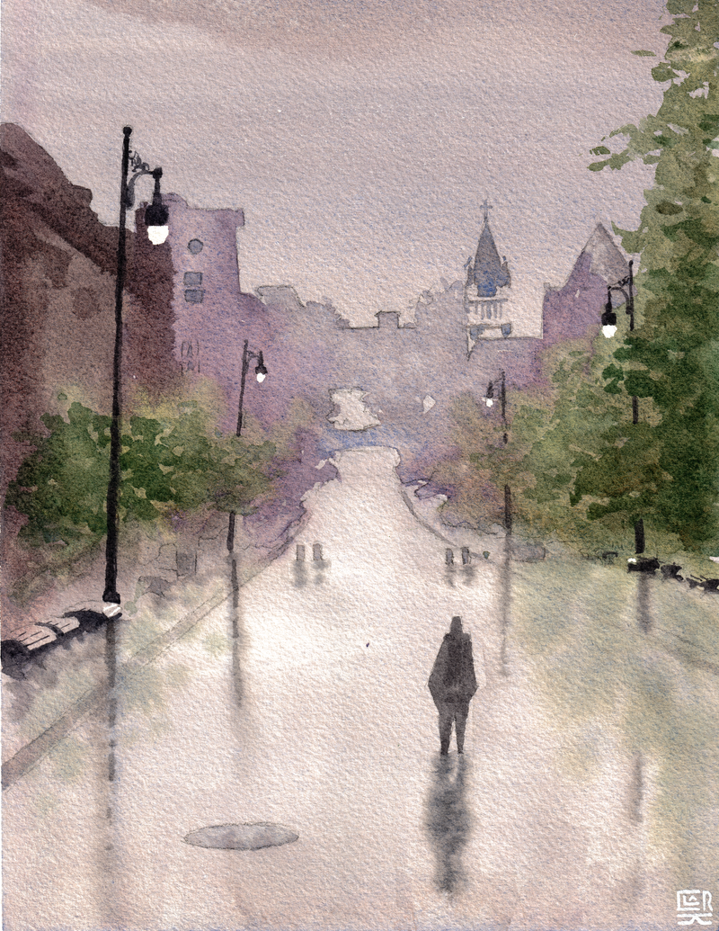 McGill Pedestrian Street, Rainy Day watercolour, print edition