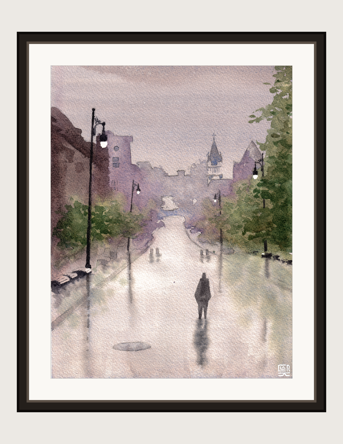 McGill Pedestrian Street, Rainy Day watercolour, print shown framed