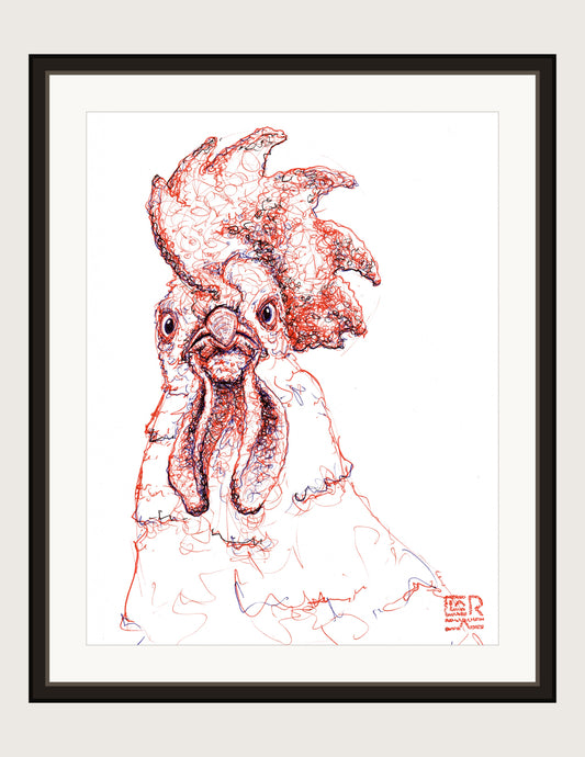 Rooster Stare Down, framed print