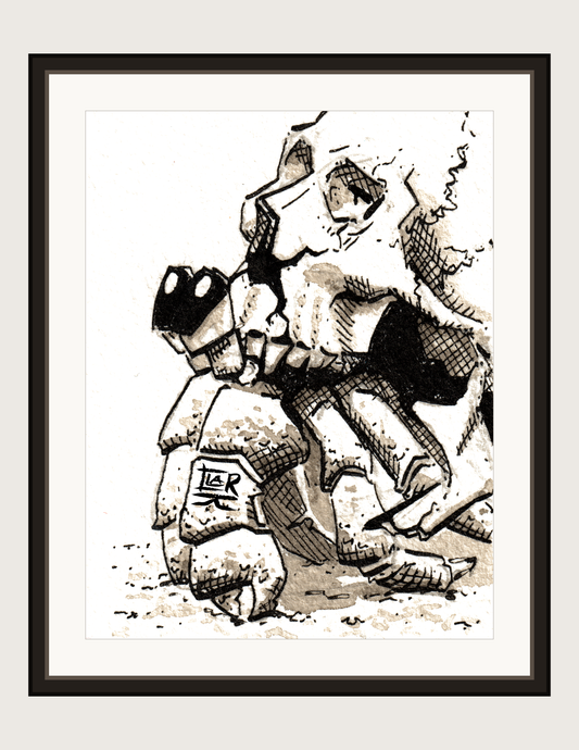 Skull Hermit ink and ink wash, print shown framed