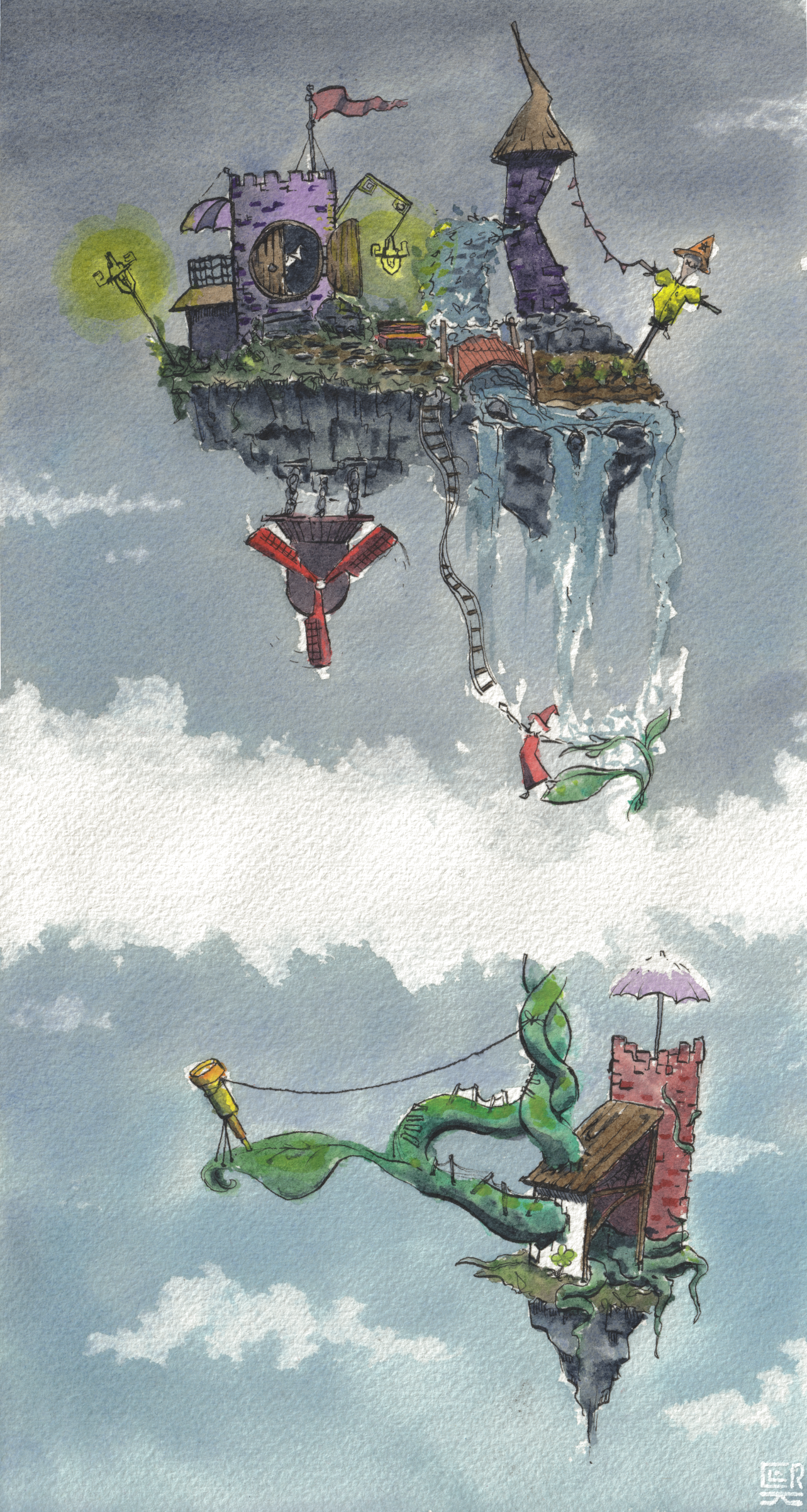 Sky Wizards — Watercolor & Ink, 6.5x12 in