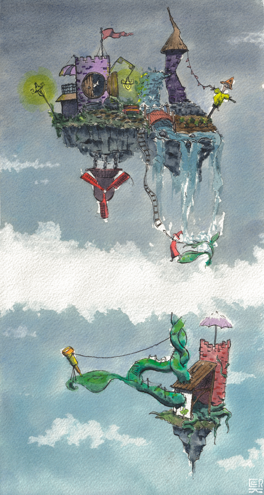 Sky Wizards — Watercolor & Ink, 6.5x12 in