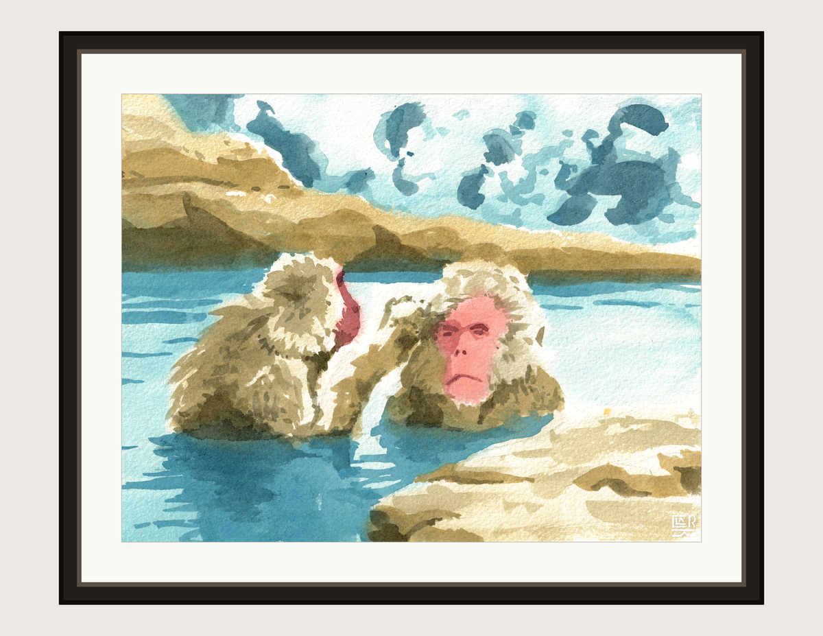 Snow Monkeys watercolour print, shown framed