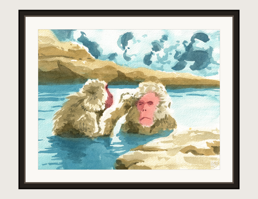 Snow Monkeys watercolour print, shown framed