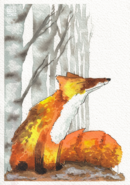 Snowy Fox in Birch Forest— Watercolor, 5x7 in