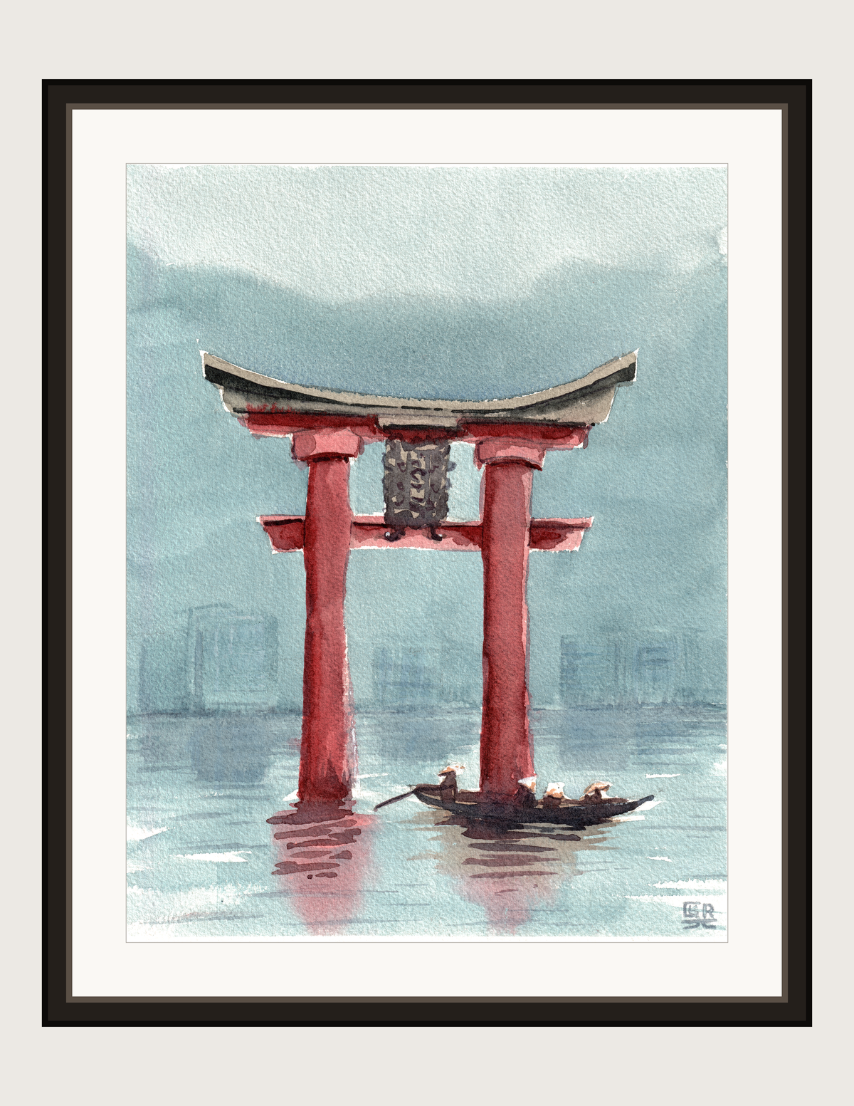 Torii Gate watercolour, print shown framed