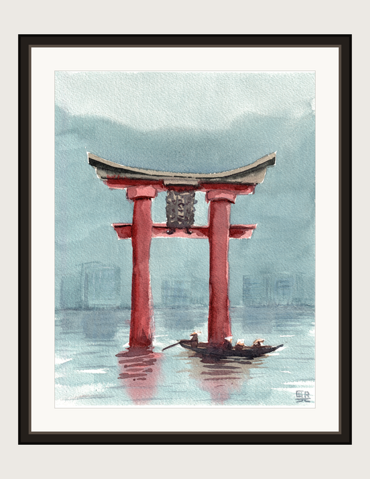 Torii Gate watercolour, print shown framed
