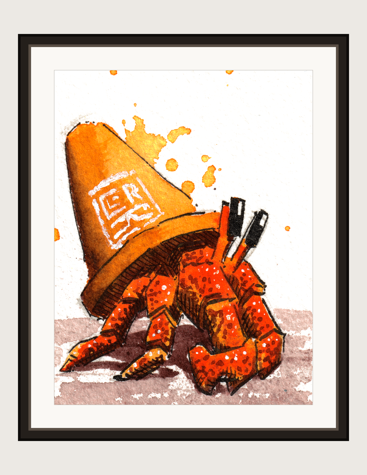 Traffic Hermit Splash watercolour and ink, print shown framed