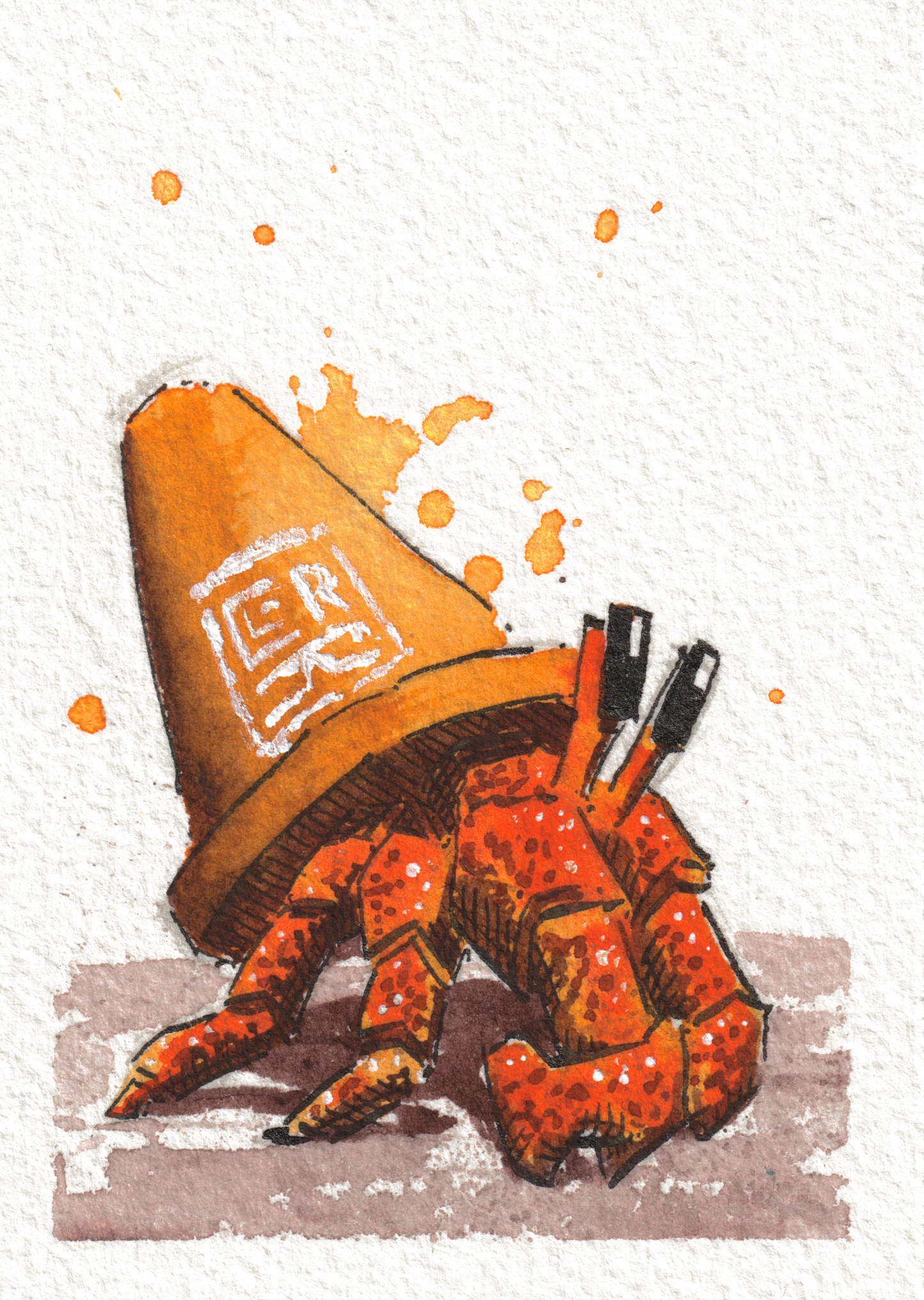 Traffic Hermit Splash — Watercolor & Ink, 2.5x3.5 in (trading card size)
