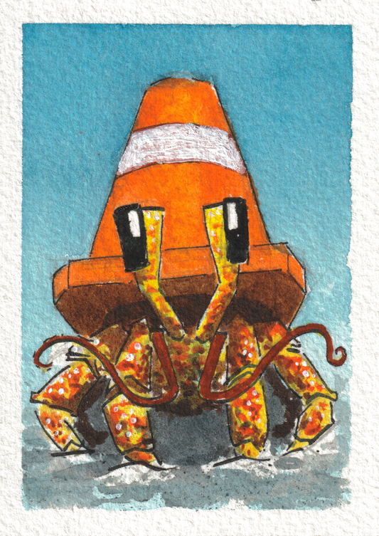 Traffic Hermit Stare — Watercolor & Ink, 2.5x3.5 in (trading card size)