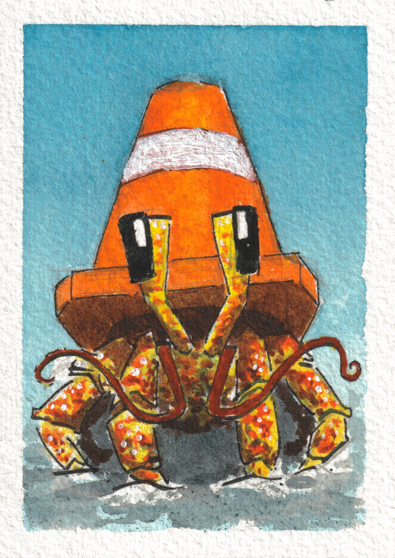 Traffic Hermit Stare — Watercolor & Ink, 2.5x3.5 in (trading card size)