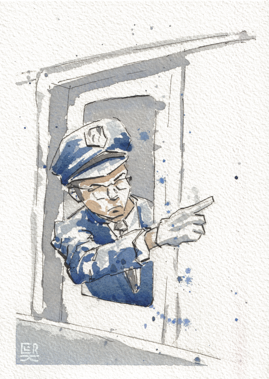 Train Conductor — Watercolor & Ink, 5x7 in