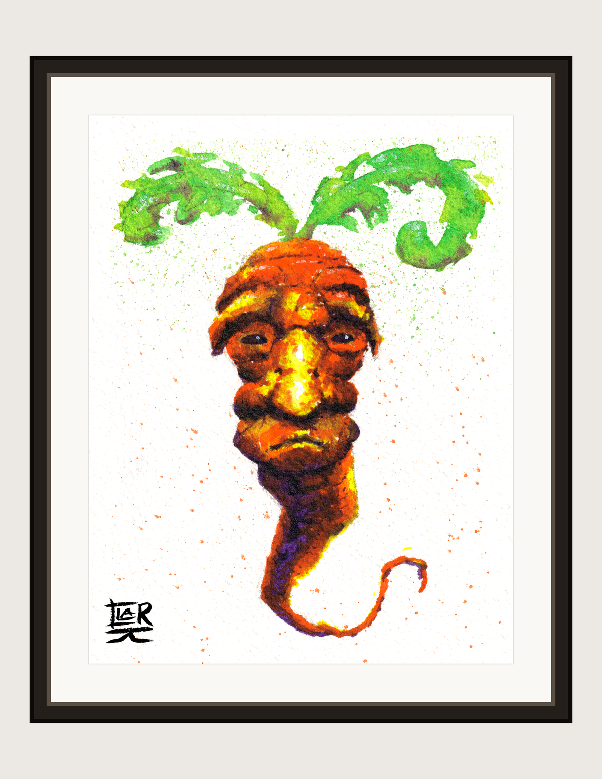 Carrot Death Stare watercolour, print shown framed